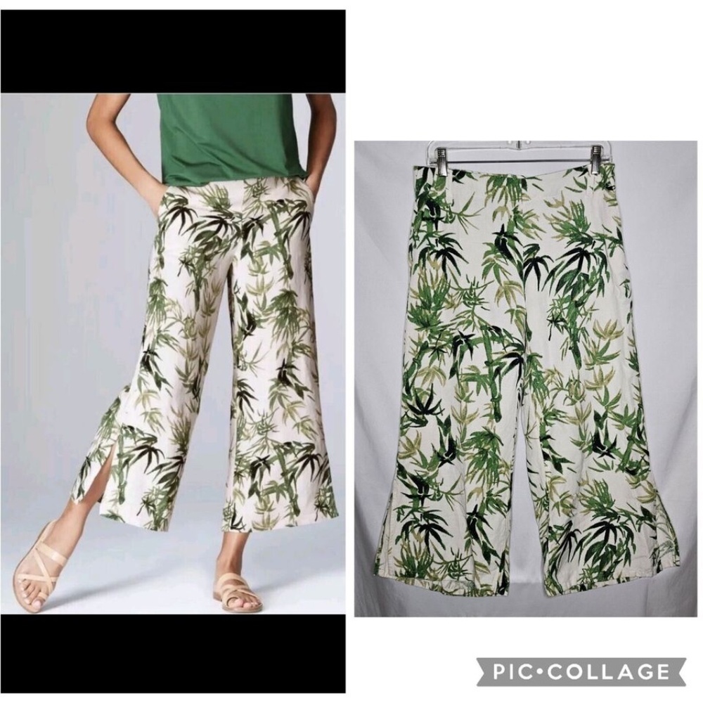J.Jill Linen Blend Barley Palm Bamboo Tropical Wide Leg Culottes Pants S Petite